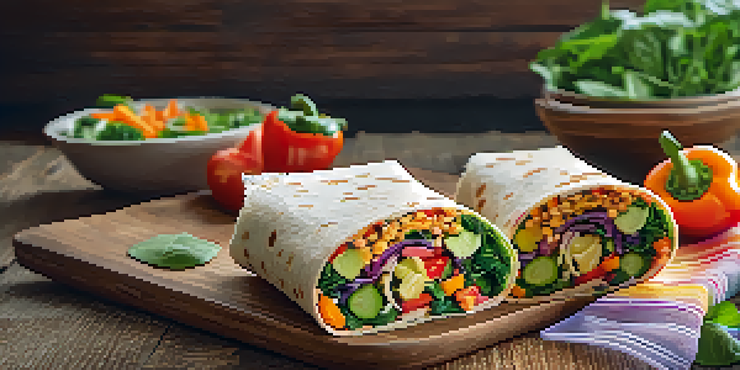 A colorful veggie wrap made with a whole-grain tortilla filled with various fresh vegetables, displayed on a wooden table.