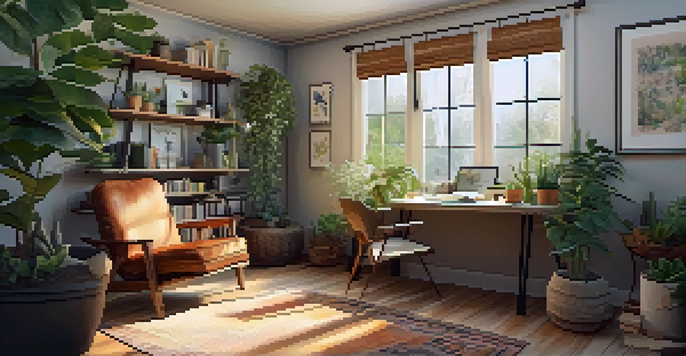A cozy home workspace with plants, art supplies, and a comfortable chair, illuminated by natural light from a window.