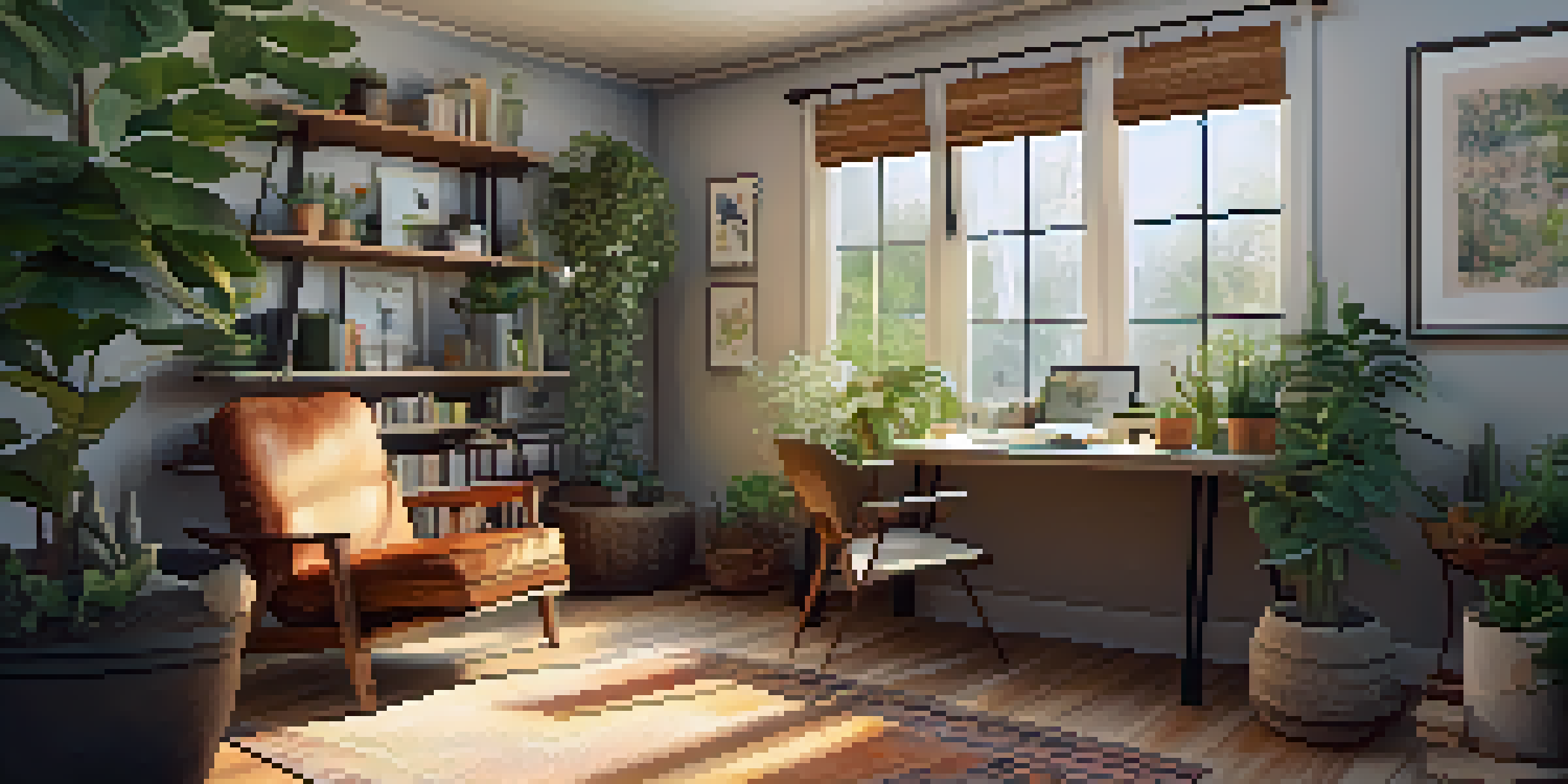A cozy home workspace with plants, art supplies, and a comfortable chair, illuminated by natural light from a window.