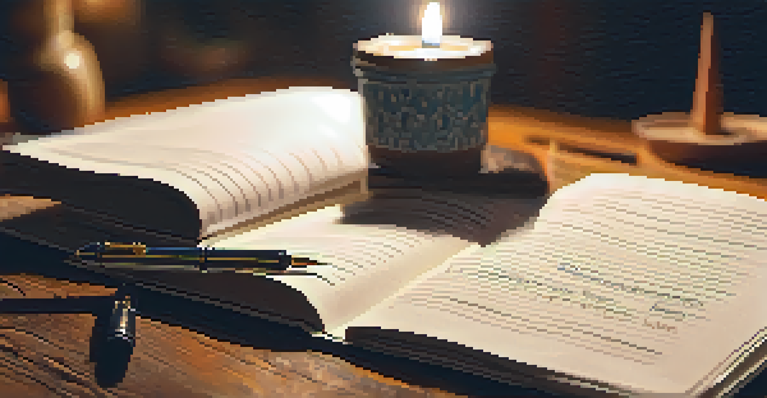 A close-up image of a hand writing in a journal with a fountain pen, surrounded by calming elements like a candle and a succulent.