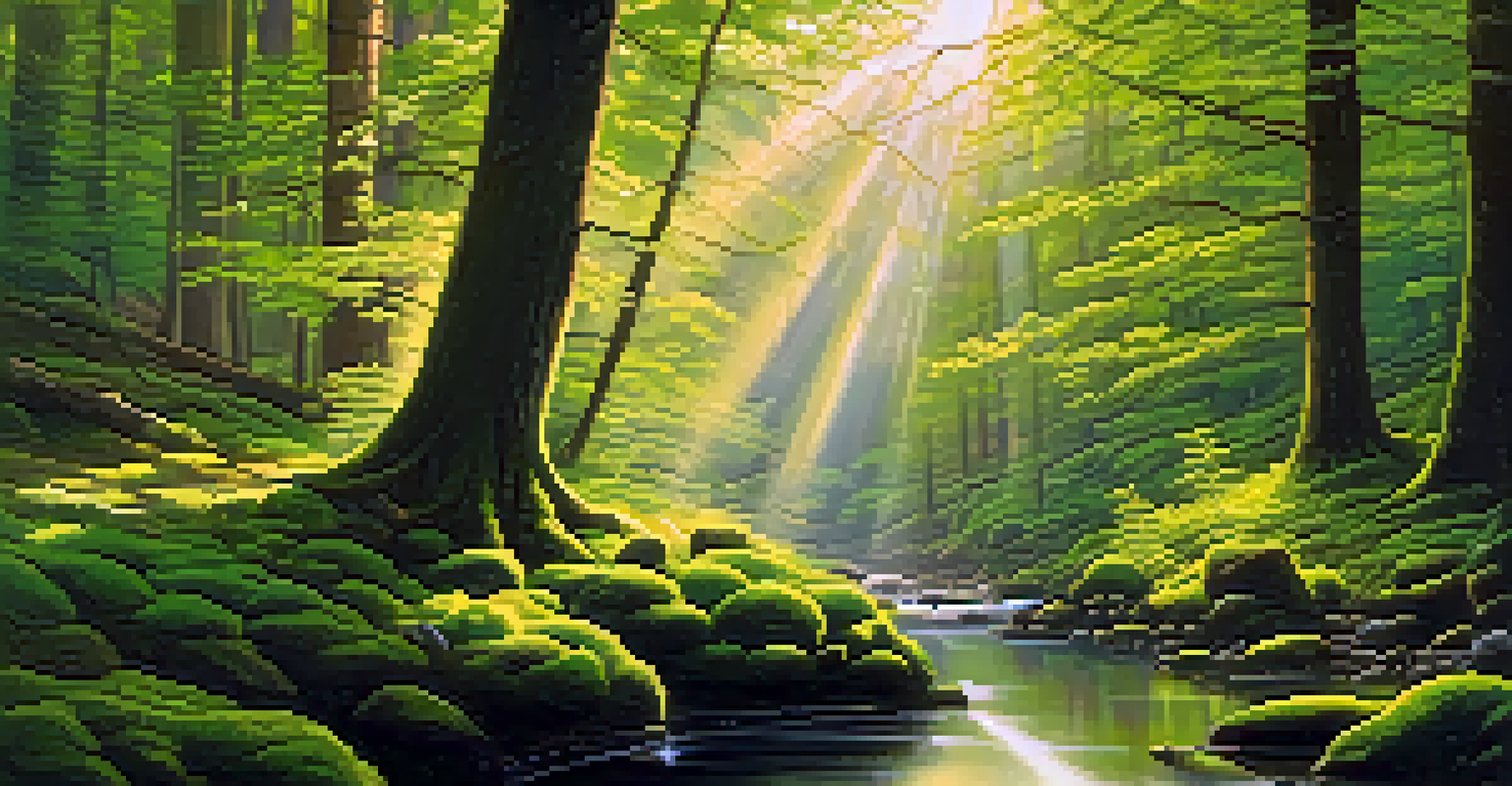 A serene forest in the morning light, with sun rays shining through trees, a moss-covered ground, and a gently winding stream.