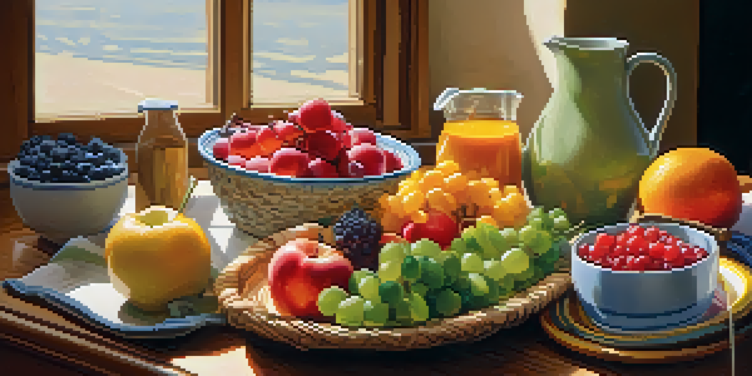 A colorful, nutritious meal displayed on a wooden table, highlighting various fruits, vegetables, grains, and proteins, illuminated by natural sunlight.