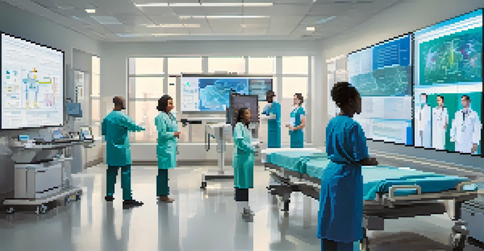 A diverse group of medical professionals working together in a high-tech healthcare setting, analyzing patient data on a digital screen.