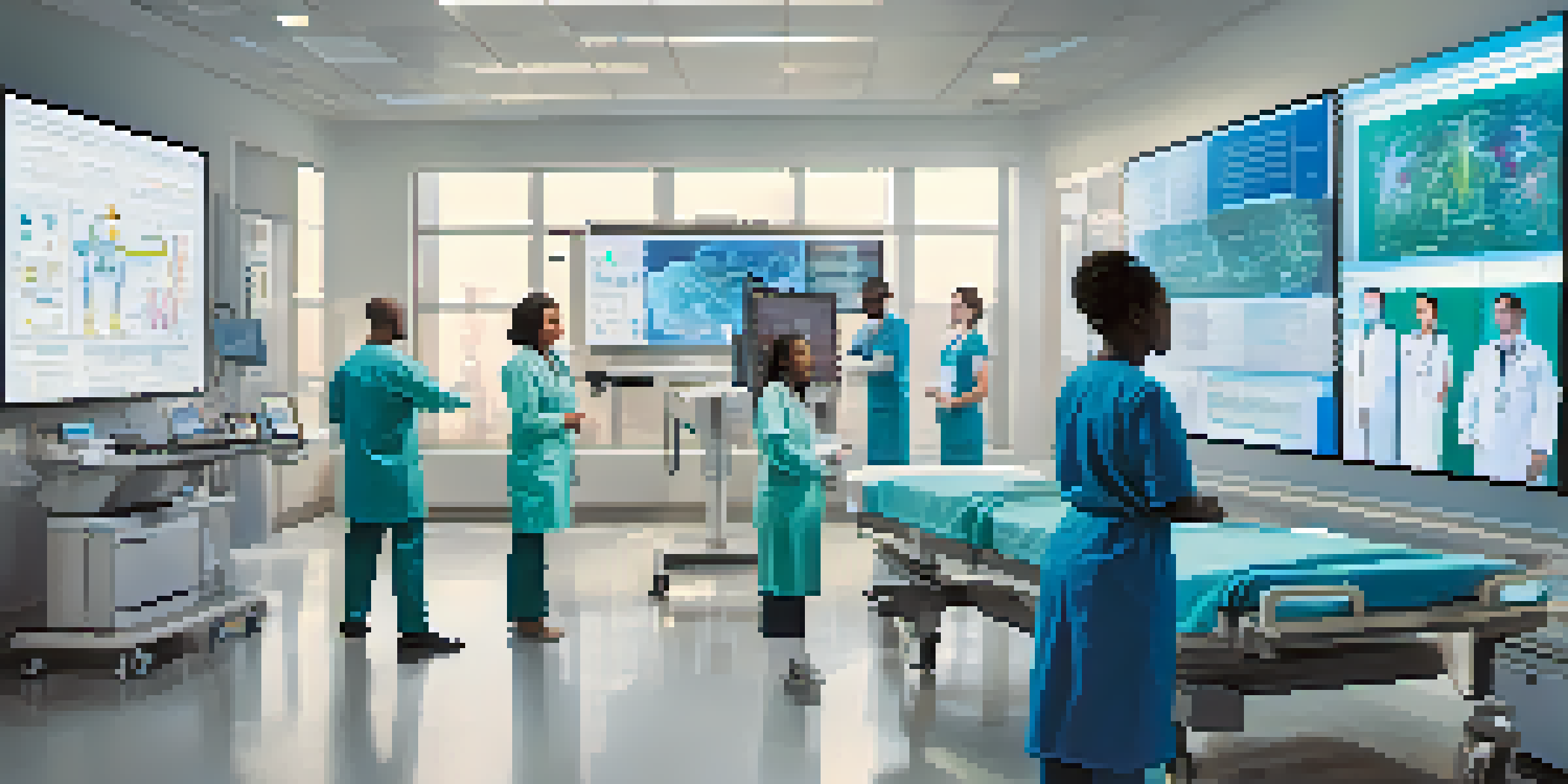 A diverse group of medical professionals working together in a high-tech healthcare setting, analyzing patient data on a digital screen.