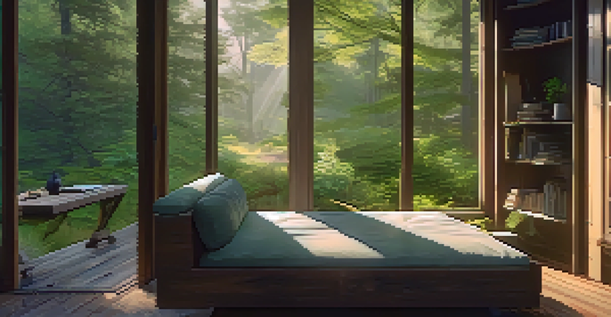A cozy cabin interior with a reading nook, surrounded by a lush forest, morning light streaming through the windows.