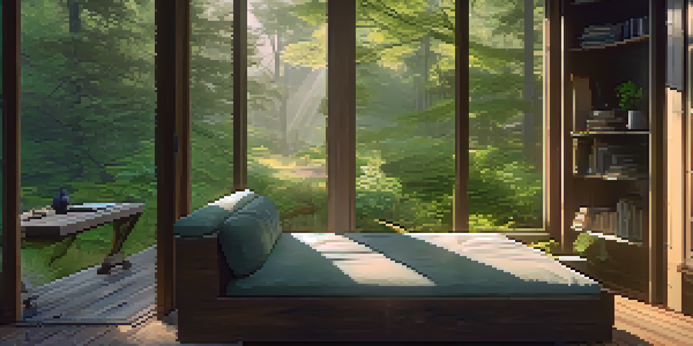 A cozy cabin interior with a reading nook, surrounded by a lush forest, morning light streaming through the windows.