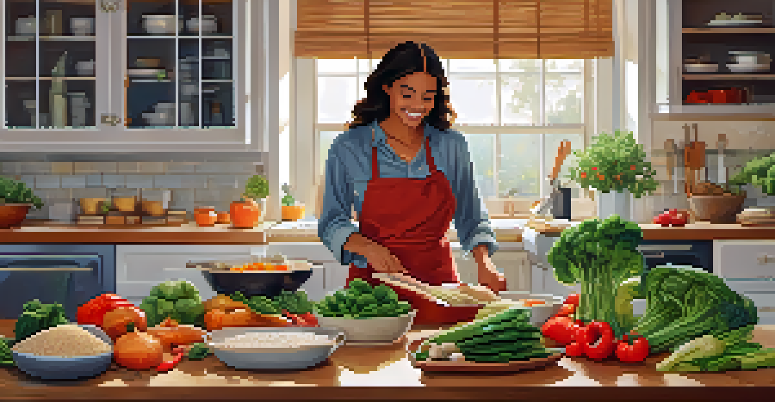 A person cooking in a kitchen filled with fresh ingredients and allergy-friendly supplies, creating a warm, inviting scene.