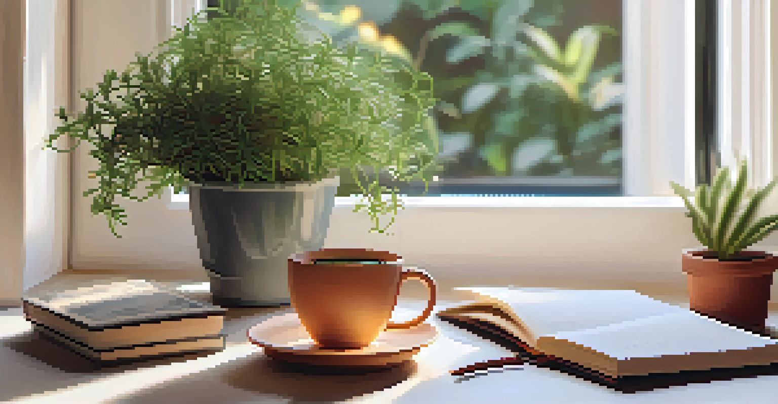 A cozy workspace with a journal, tea, and a plant, bathed in soft morning light.