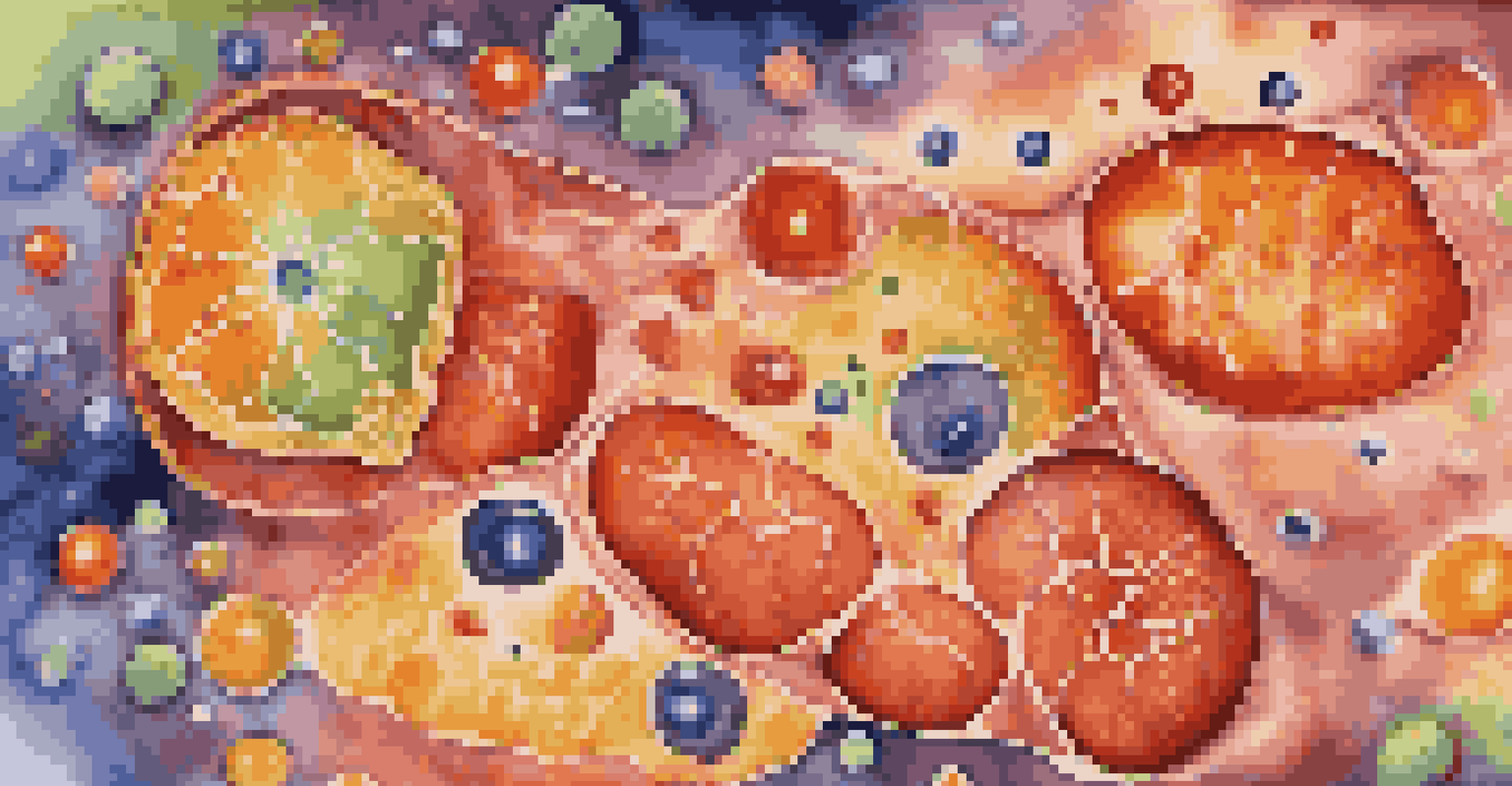 An artistic depiction of mitochondria in a cell, illustrating the process of Coenzyme Q10 converting food into ATP, with glowing ATP particles.