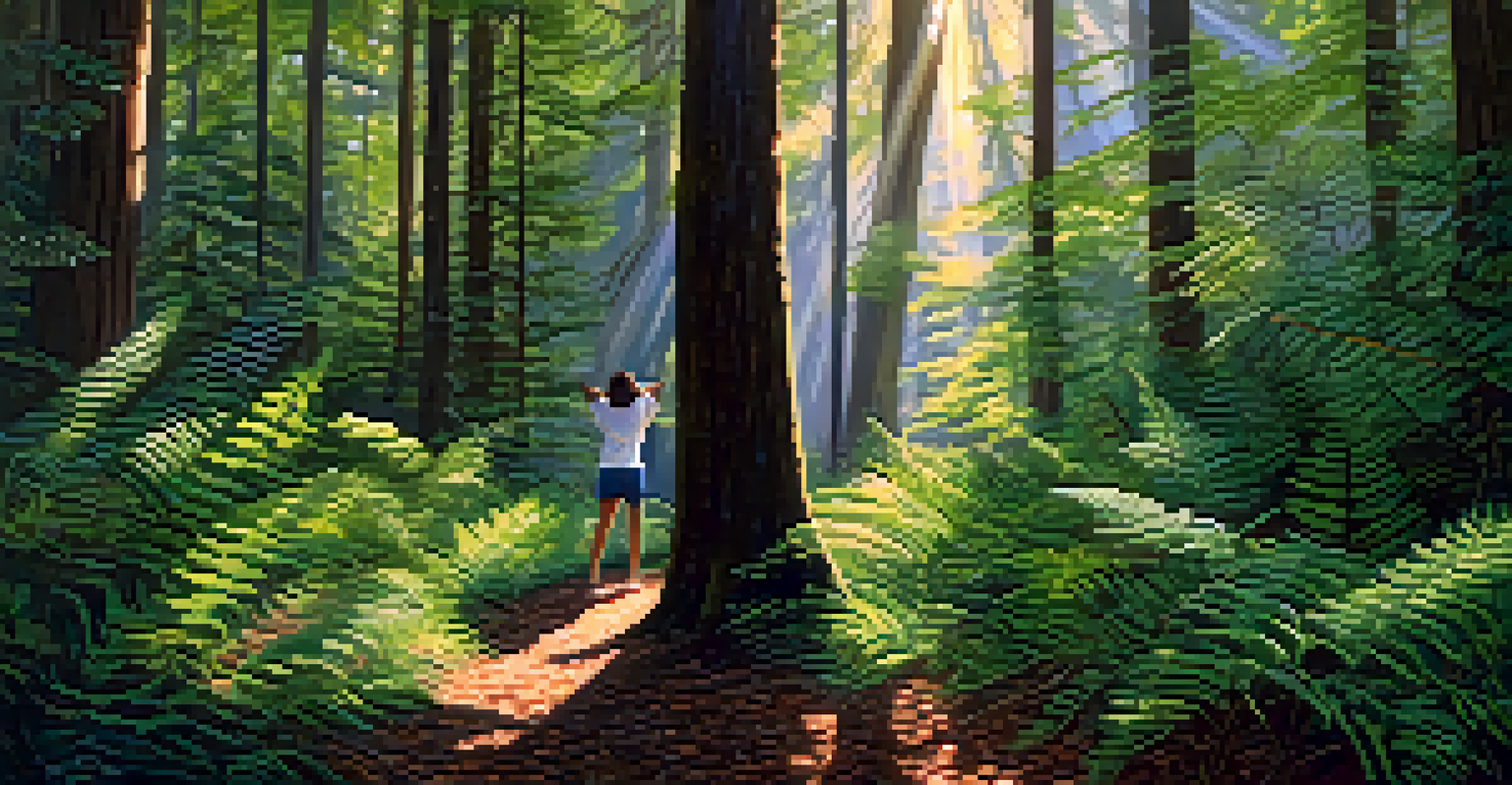 A person practicing forest bathing in a tranquil forest, surrounded by trees and wildflowers.