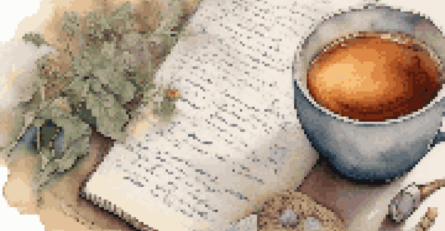 A hand writing in a journal with a cup of herbal tea nearby, showcasing notes about health and intuition.