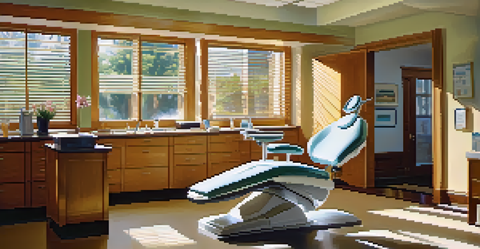 A bright and inviting dental office with a dentist talking to a patient in a comfortable dental chair, showcasing a professional and friendly atmosphere.