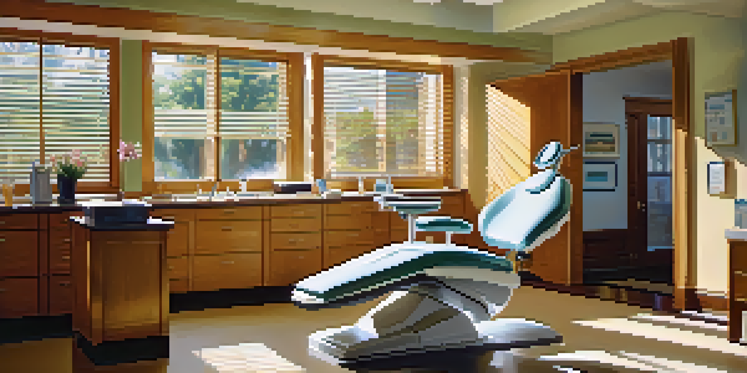 A bright and inviting dental office with a dentist talking to a patient in a comfortable dental chair, showcasing a professional and friendly atmosphere.