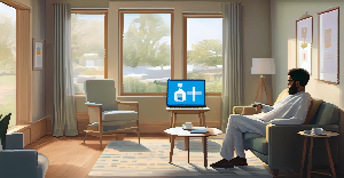 A patient having a telemedicine consultation on a laptop in a cozy living room, with natural light and a cup of tea on a table.