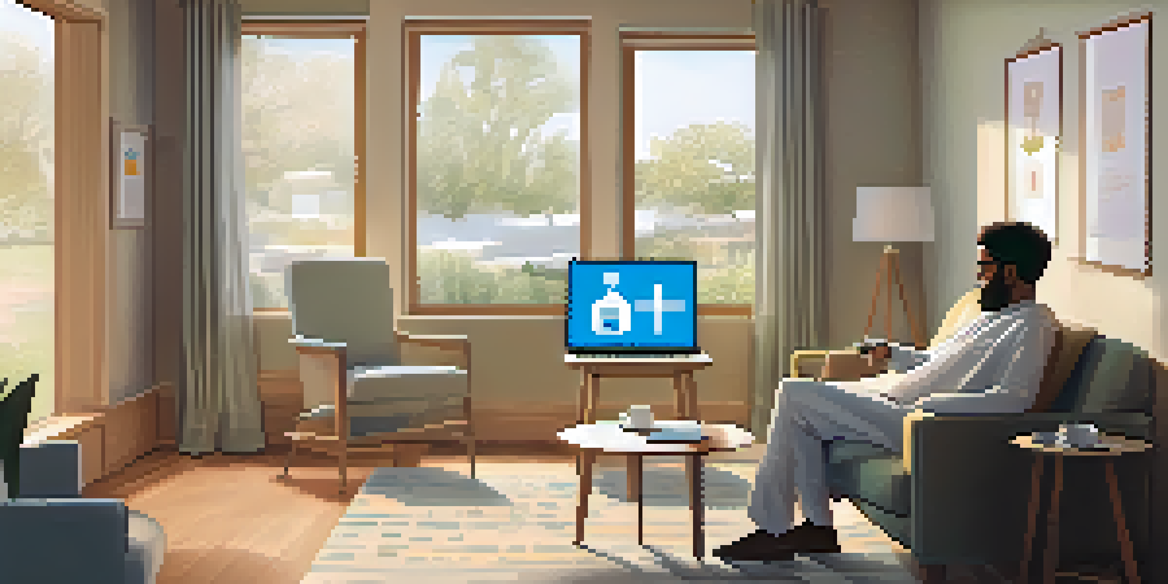 A patient having a telemedicine consultation on a laptop in a cozy living room, with natural light and a cup of tea on a table.