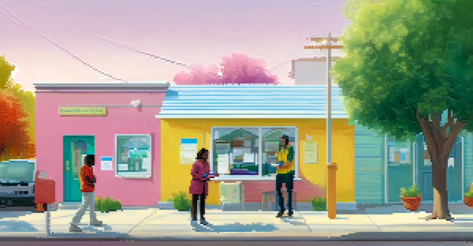 A researcher and a community member discussing health data in front of a colorful local health clinic in a neighborhood.
