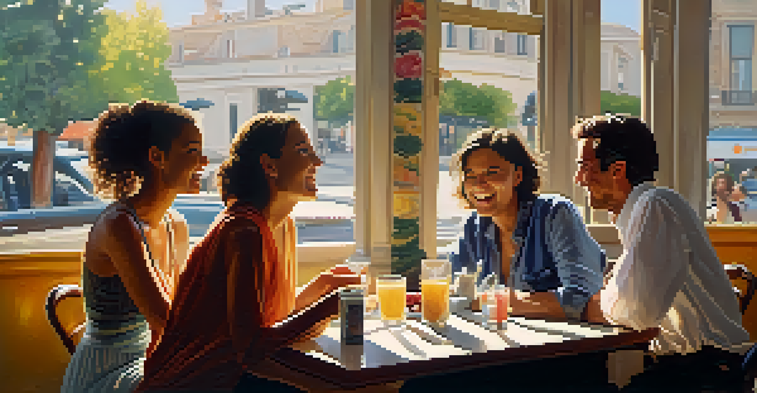 A group of friends laughing and sharing jokes at a cafe table filled with pastries and drinks, bathed in sunlight.