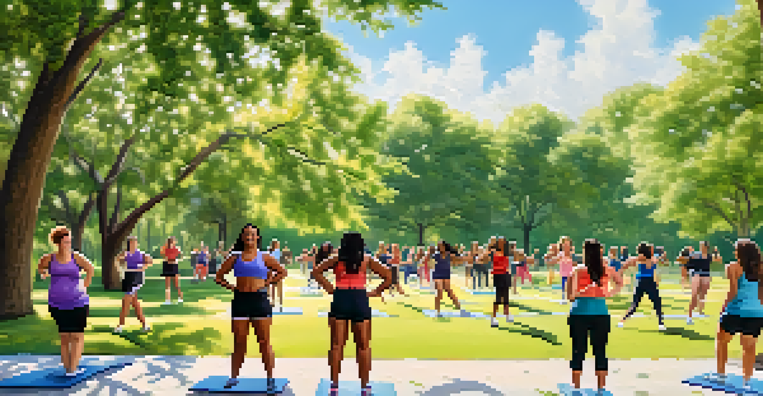 A diverse group of women participating in a fitness class in a sunny park.