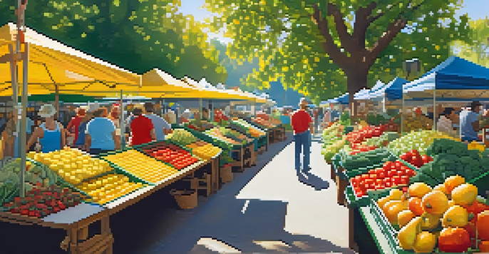 A lively farmer's market filled with colorful fruits and vegetables, with sunlight filtering through trees and shoppers interacting.