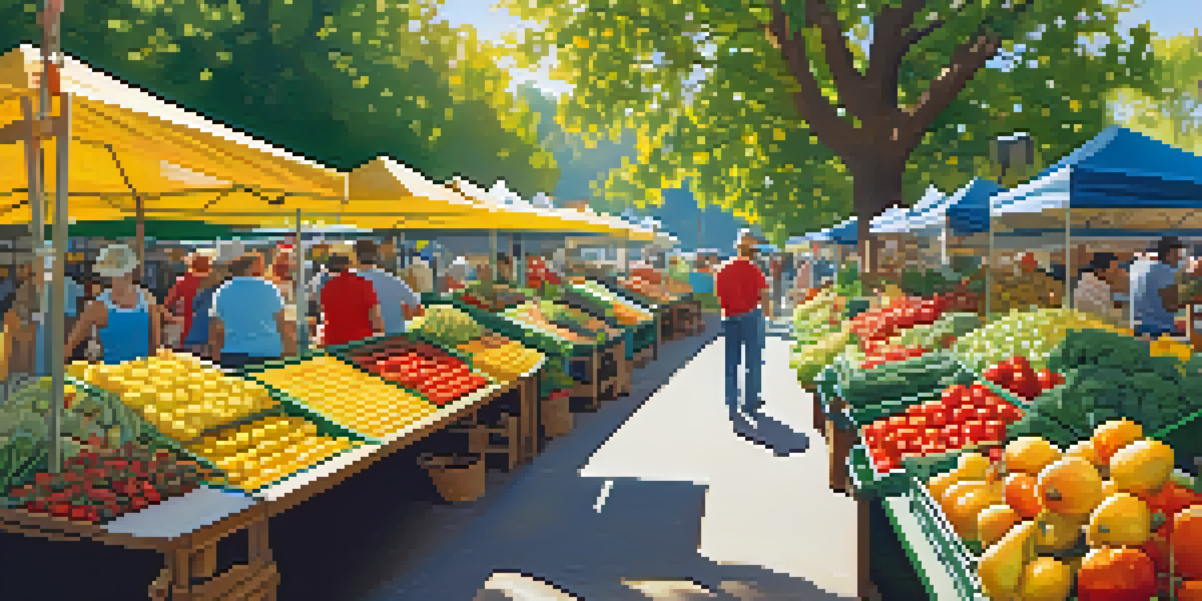 A lively farmer's market filled with colorful fruits and vegetables, with sunlight filtering through trees and shoppers interacting.