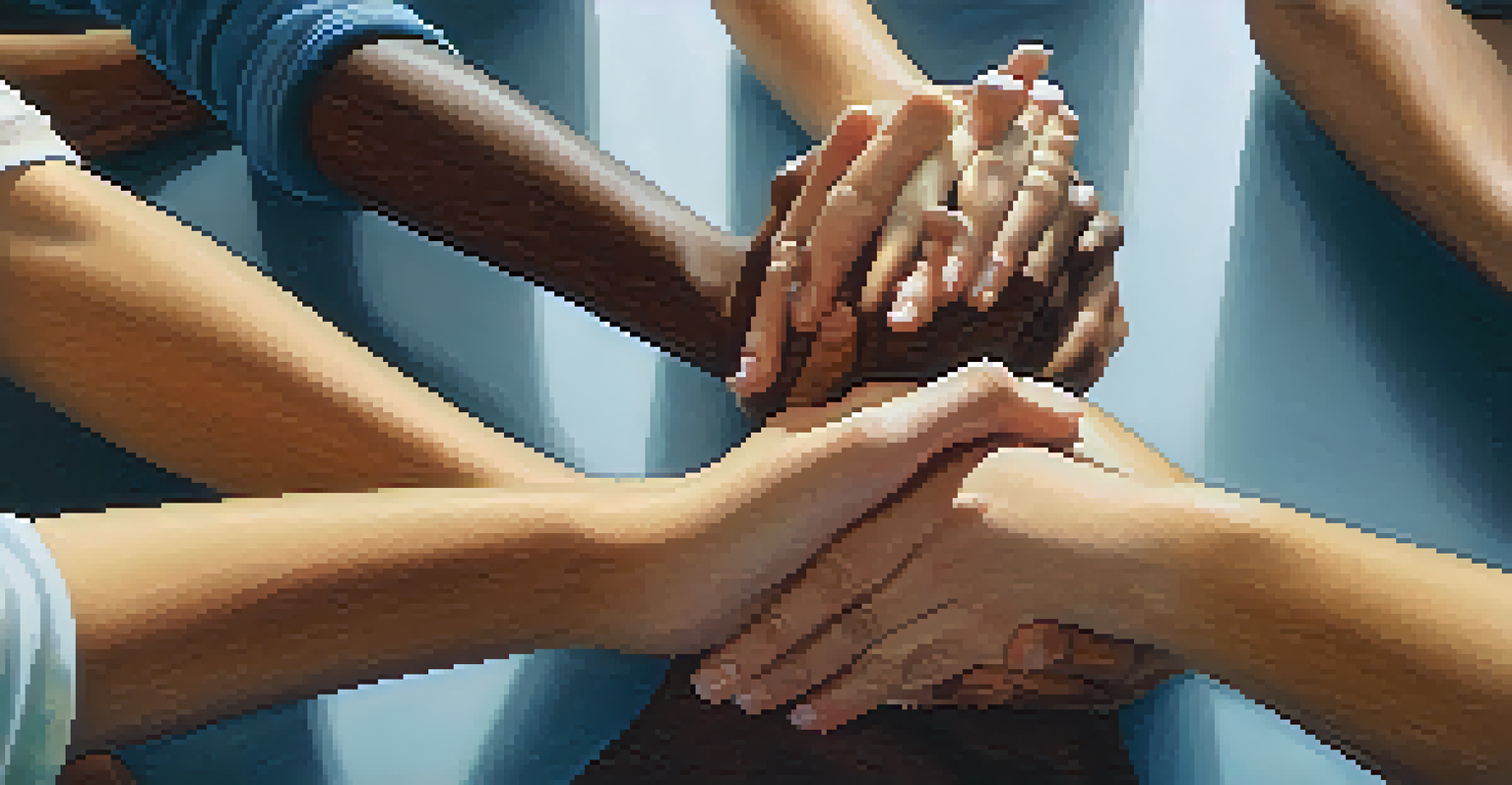 Close-up of hands symbolizing support in a group therapy session, showing solidarity and connection.