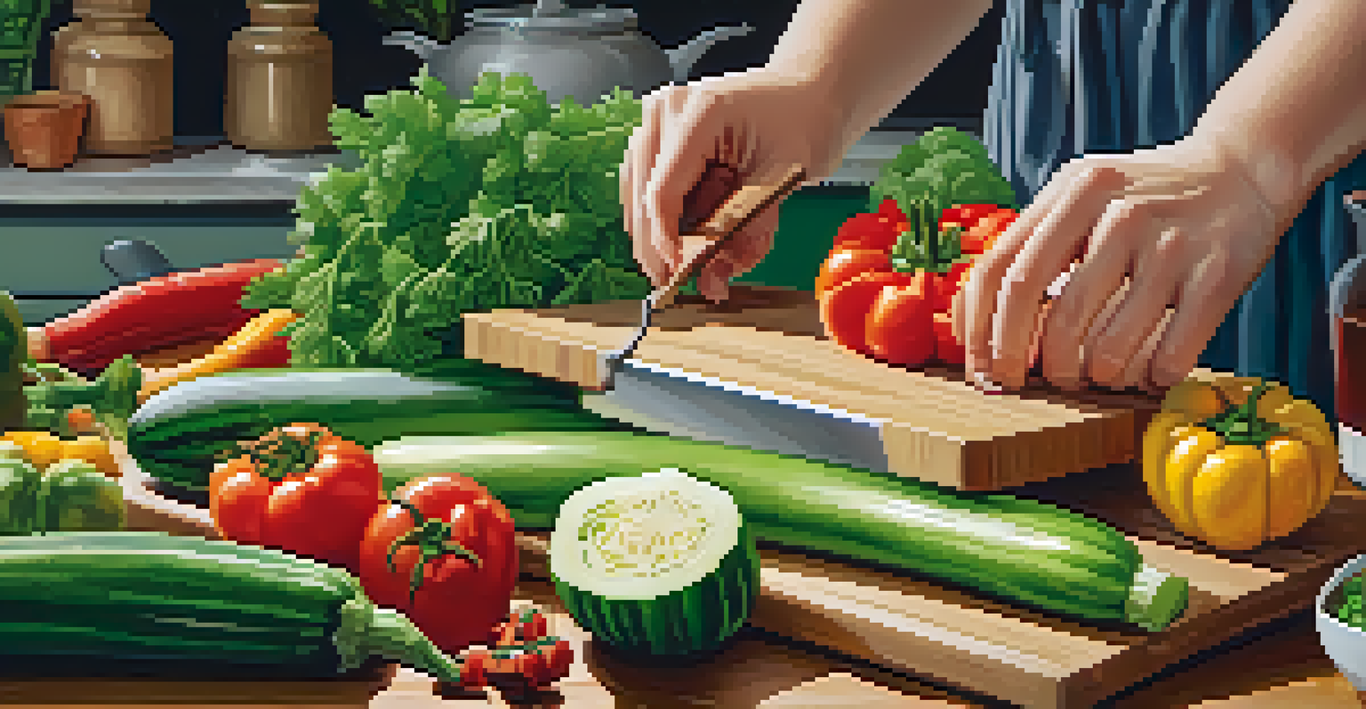 A close-up of a person chopping fresh vegetables on a wooden cutting board in a bright kitchen.