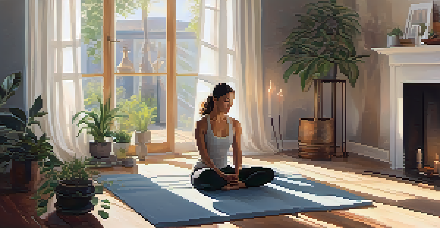 A person practicing Seated Forward Bend in a cozy living room, surrounded by candles and plants.