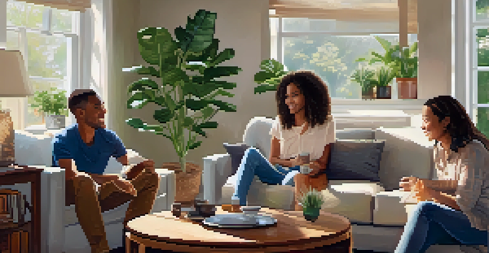 A diverse family of four engaged in a discussion in a cozy living room filled with natural light.