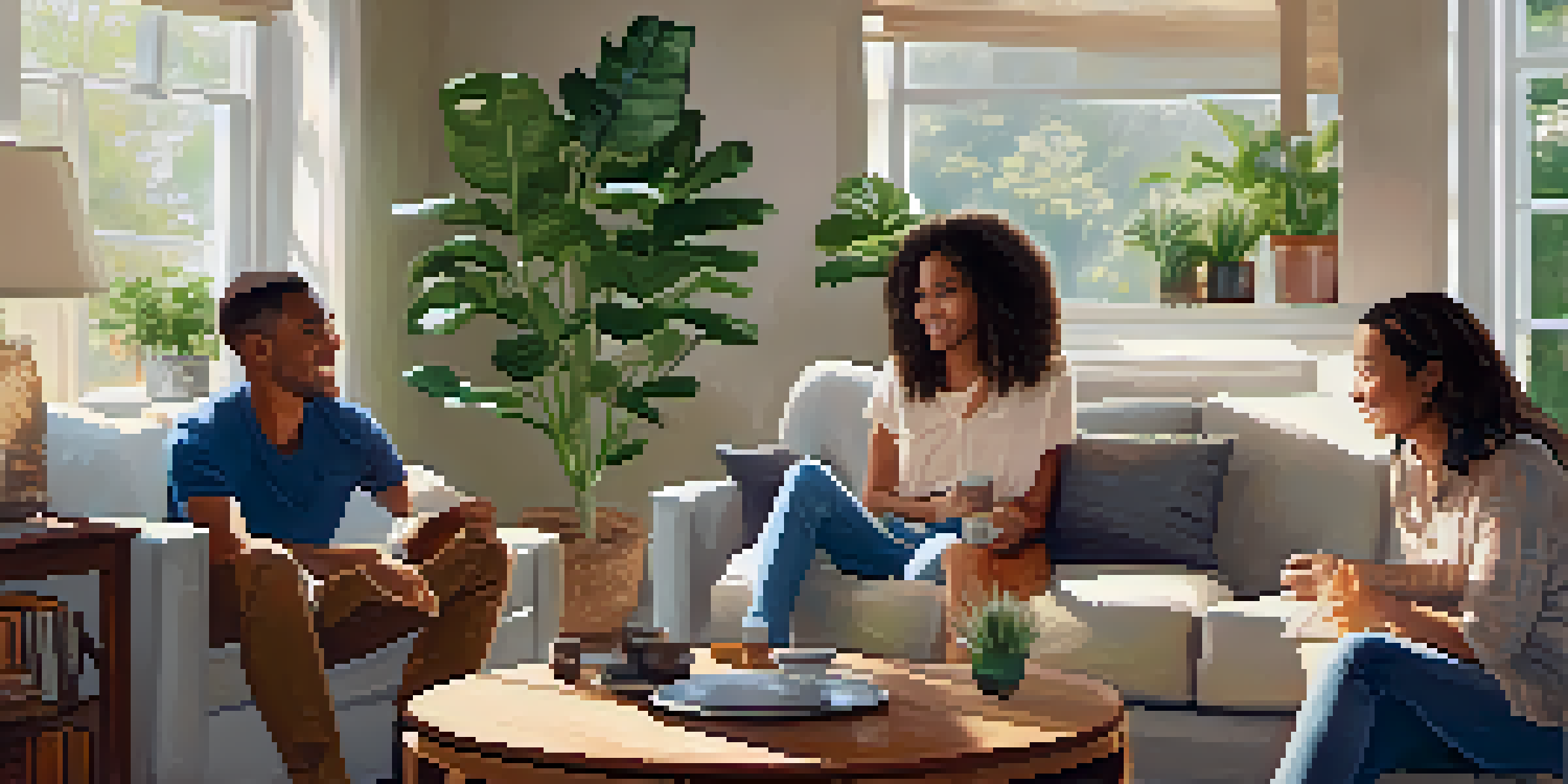 A diverse family of four engaged in a discussion in a cozy living room filled with natural light.
