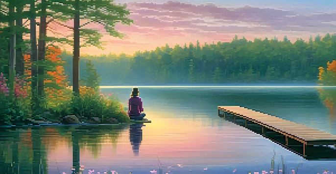 A peaceful lake at sunset with reflections of vibrant colors in the water, and a person meditating on a dock surrounded by greenery.