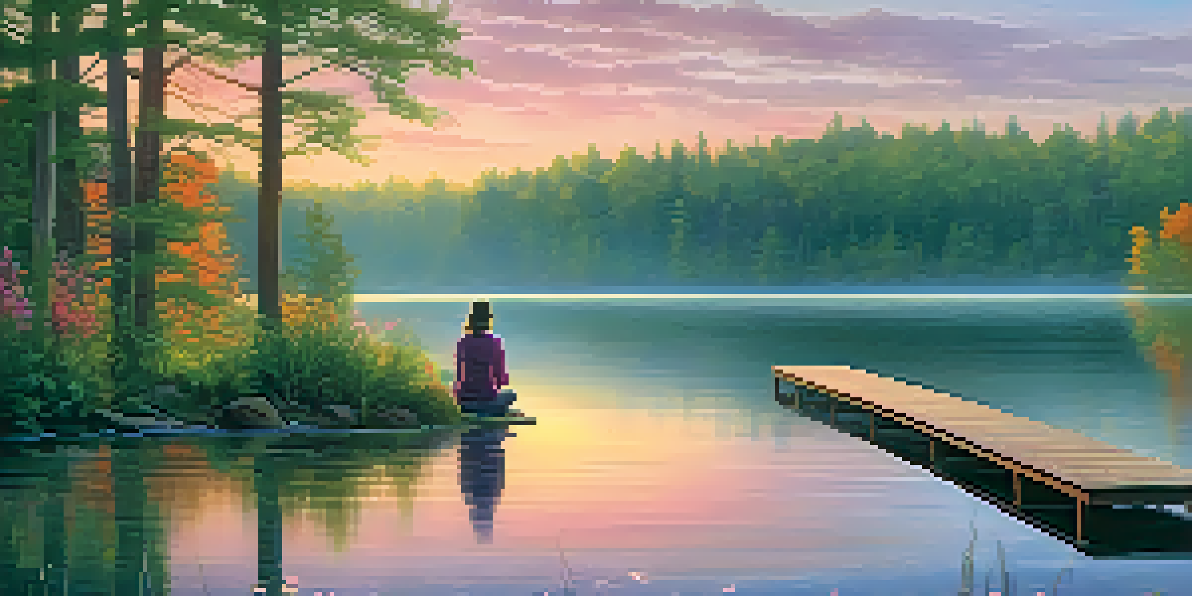 A peaceful lake at sunset with reflections of vibrant colors in the water, and a person meditating on a dock surrounded by greenery.