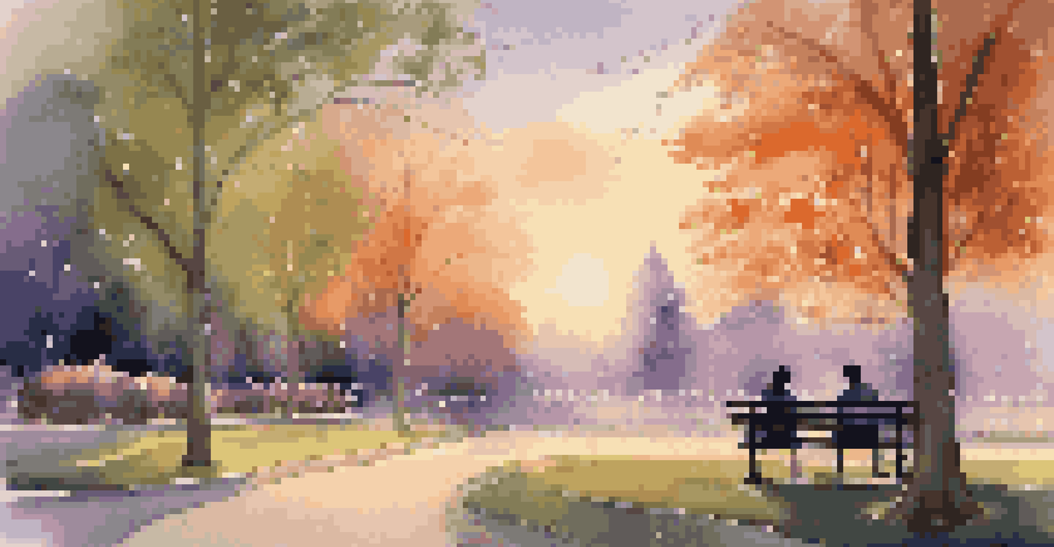 A couple sitting on a bench in a park at dusk, with a sunset sky and glowing lampposts.
