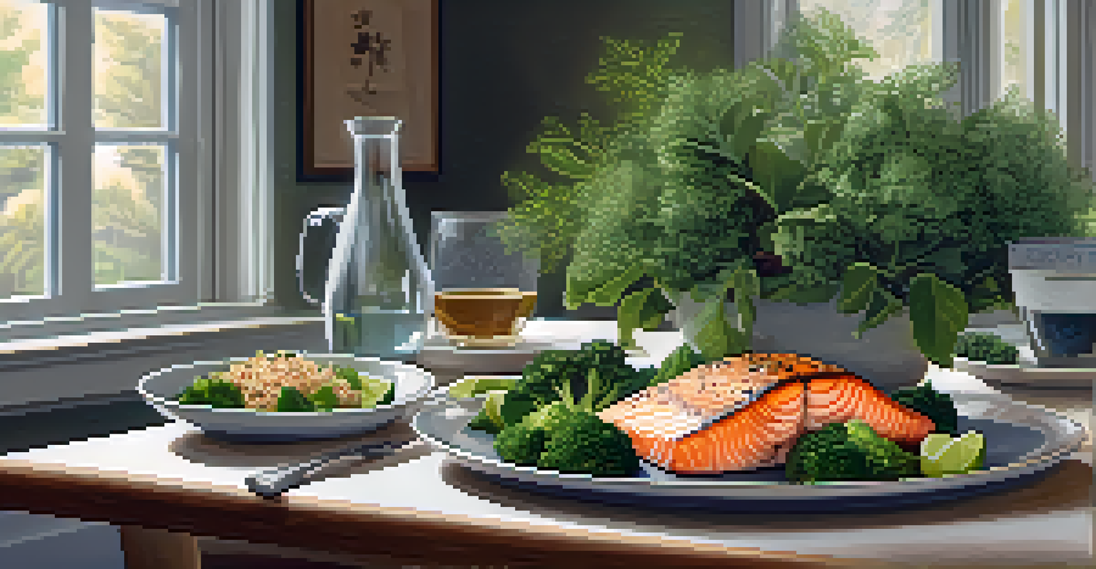 A dining table with a healthy meal of grilled salmon, quinoa, and broccoli, decorated with potted plants and a glass of water, under soft lighting.