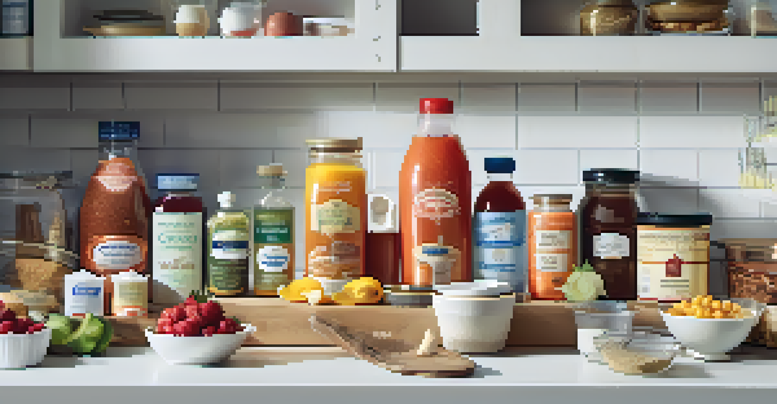 A kitchen countertop with various food products, each showing labels with different nutritional information.