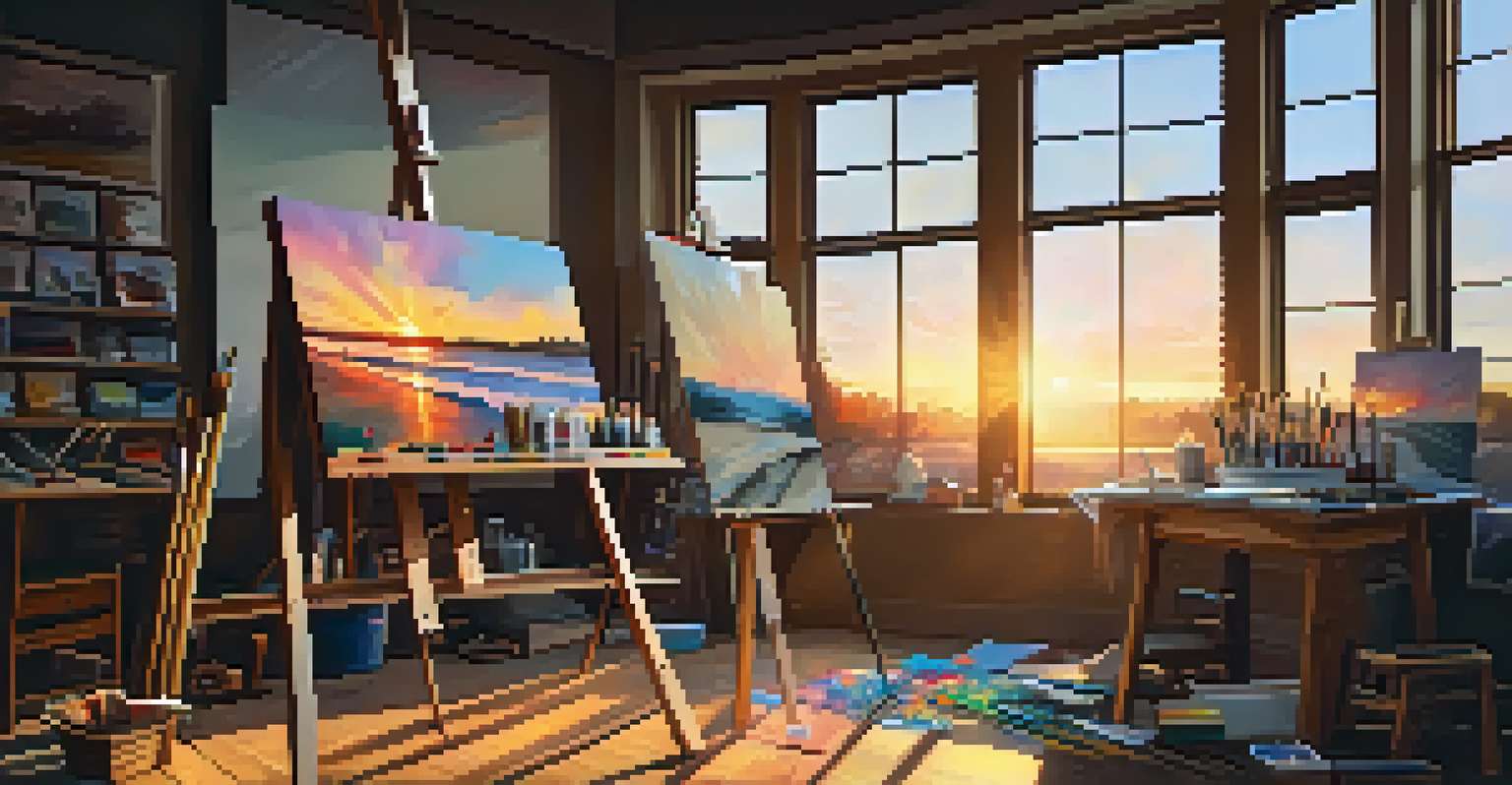 An artist's workspace with an easel, painting supplies, and sunlight streaming through a window.