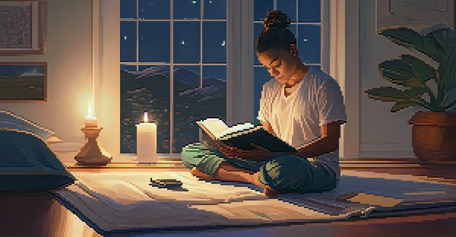 A college student sitting on a yoga mat practicing deep breathing in a softly lit room with candles, showcasing a calming bedtime routine.