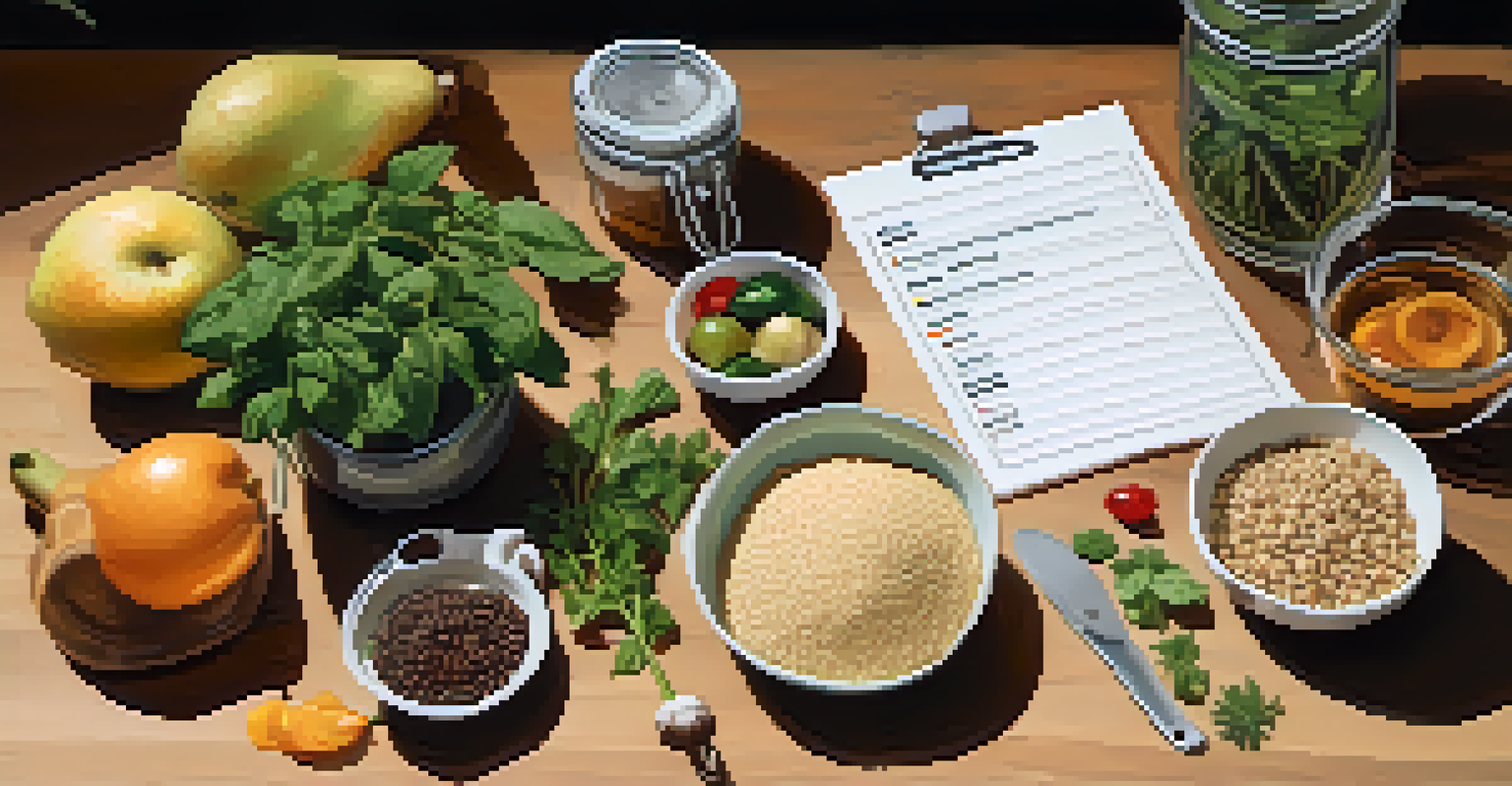 A flat lay of a wooden table featuring food labels, measuring cups, fresh herbs, grains, and a notepad with recipes.