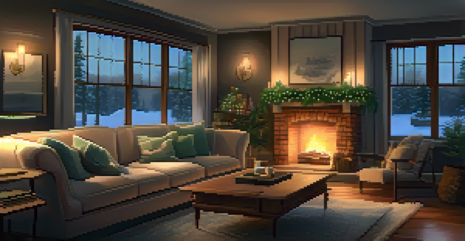 A cozy living room with a sofa, blankets, books, a plant, and a snowy landscape outside the window.