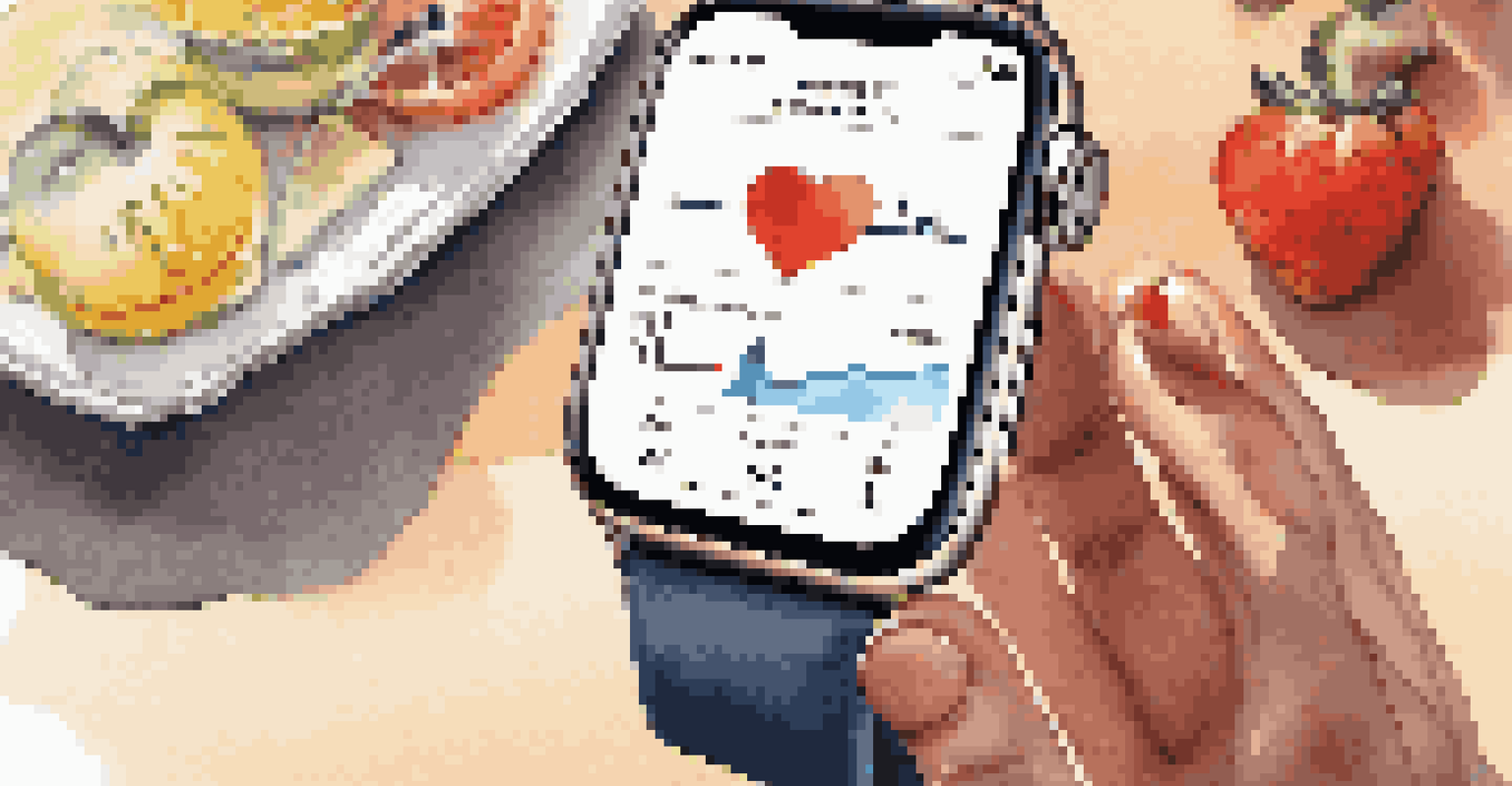 A smartwatch showing health metrics on a person's wrist, with a notebook and pen on the table in a sunlit kitchen.