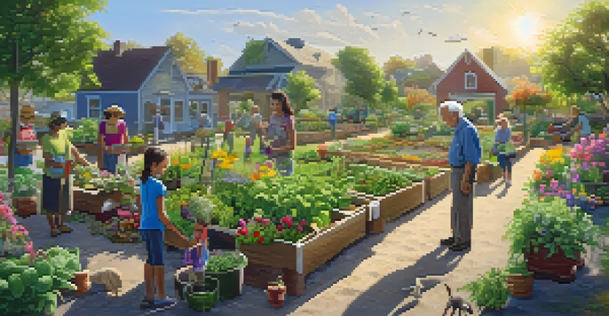 An elderly man teaching a young girl how to plant seeds in a colorful community garden, showcasing a vibrant atmosphere with various plants and flowers.