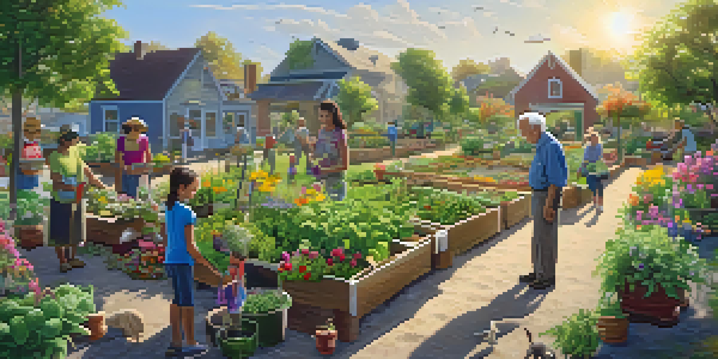 An elderly man teaching a young girl how to plant seeds in a colorful community garden, showcasing a vibrant atmosphere with various plants and flowers.