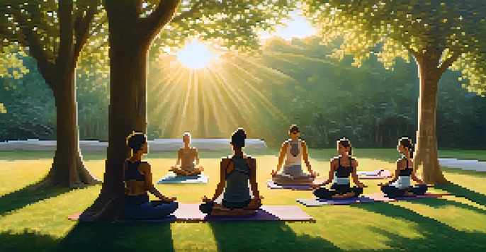 A group of people practicing yoga outdoors at sunrise in a green environment, emphasizing mindfulness and tranquility.