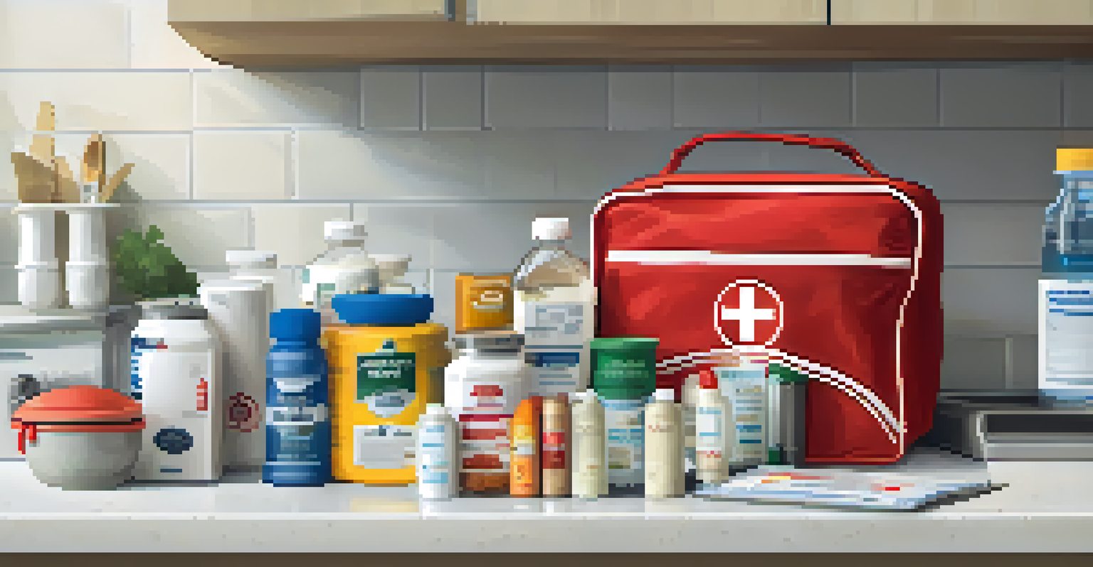 A family emergency kit on a kitchen counter with water, food, and first-aid supplies, illuminated by natural light.