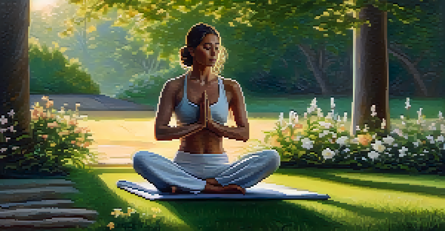 A person practicing yoga in a tranquil park at sunrise, surrounded by greenery and flowers, promoting relaxation.