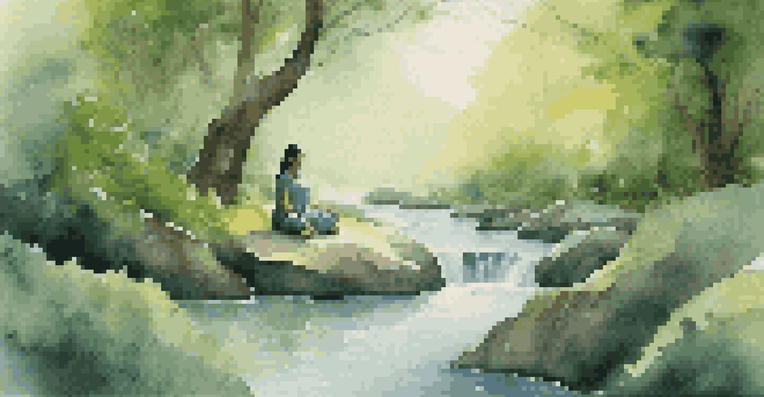 A person meditating in a peaceful natural setting, surrounded by greenery and water.