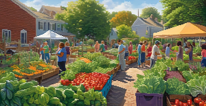 A diverse group of people working together in a bright community garden, surrounded by fresh vegetables and flowers under warm sunlight.