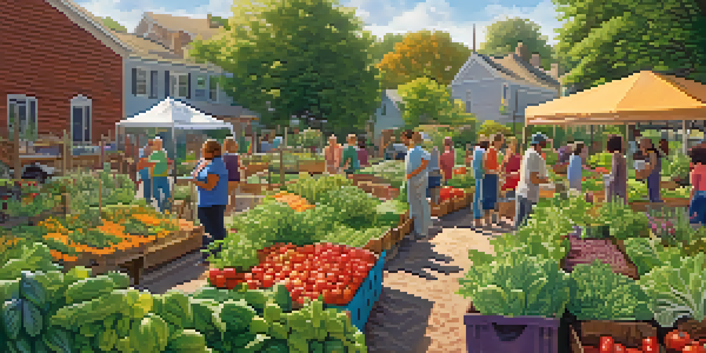 A diverse group of people working together in a bright community garden, surrounded by fresh vegetables and flowers under warm sunlight.
