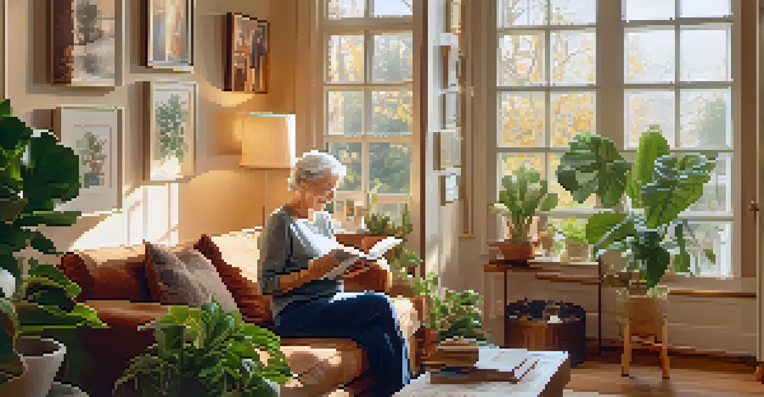 A senior woman reading a book in a cozy, well-lit living room filled with plants and family photos.