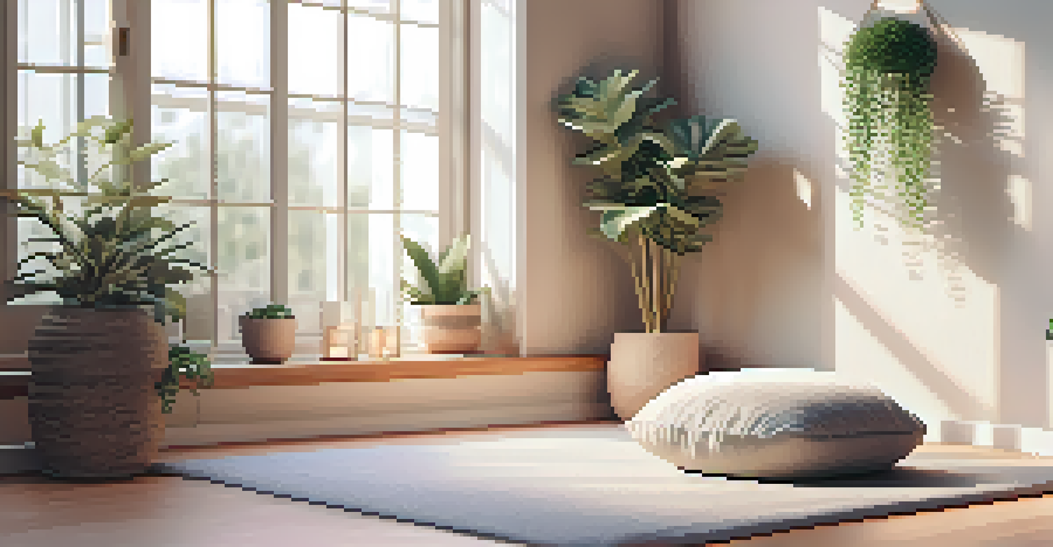 A meditation corner with soft mats, cushions in pastel colors, a small plant, and lit candles for a calming atmosphere.