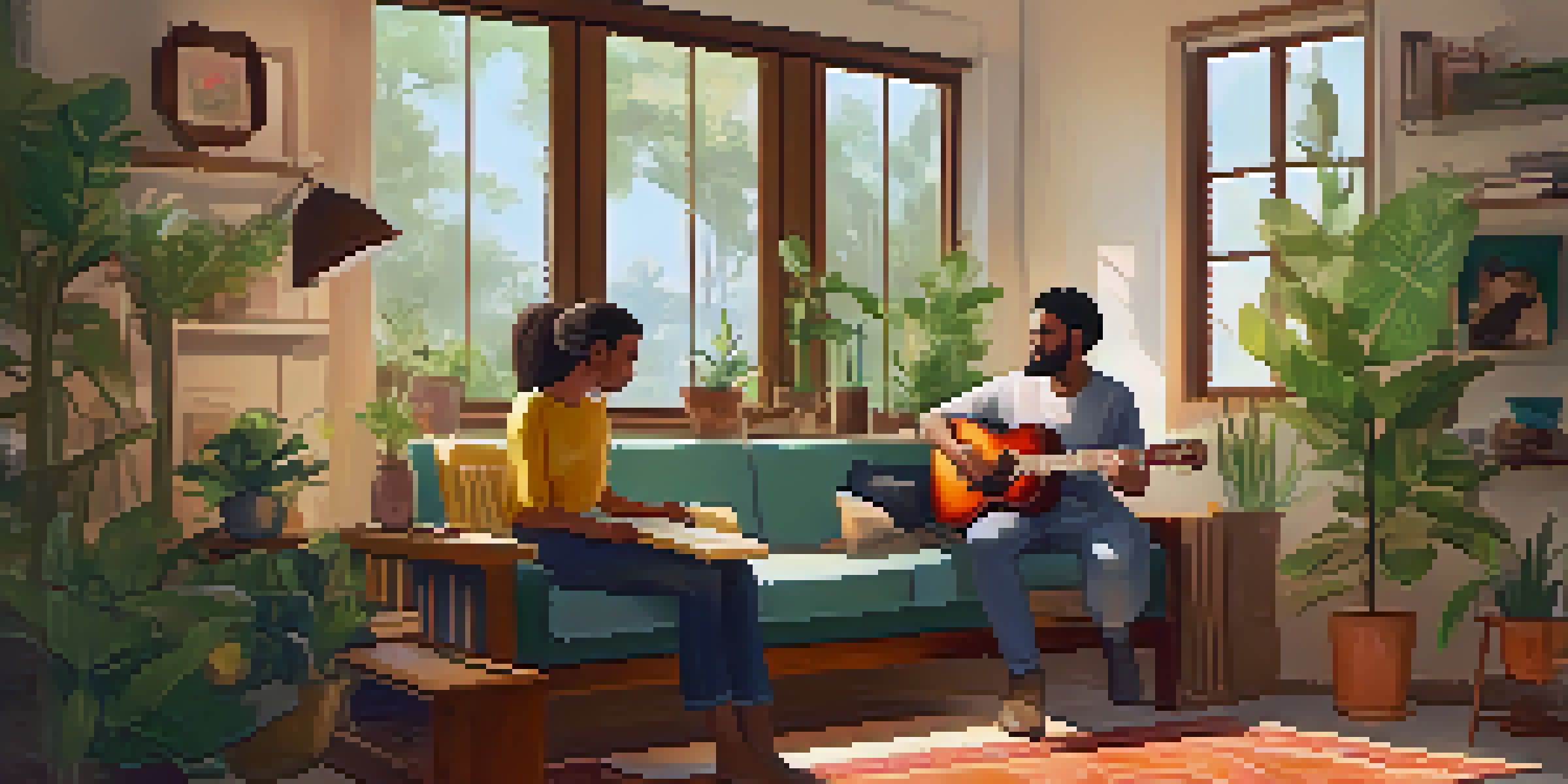 A music therapy session with a therapist and client in a cozy room, surrounded by musical instruments and natural light.